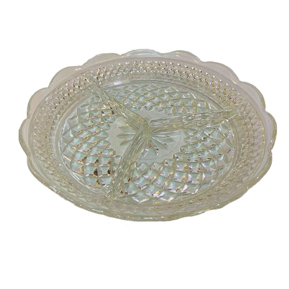 Anchor Hocking Divided Relish Dish Wexford Glass 9" Dish Plate 3 Sections Tray